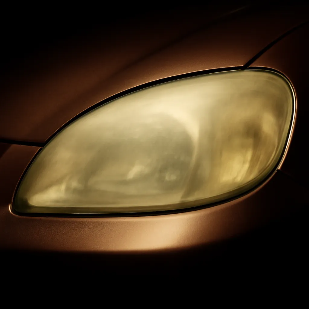 Before headlight restoration — heavily yellowed and hazed headlight lens