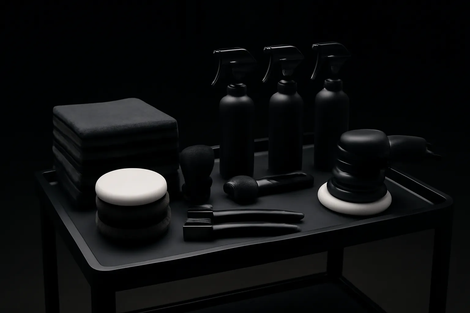 Car detailing process — organized professional tools in studio