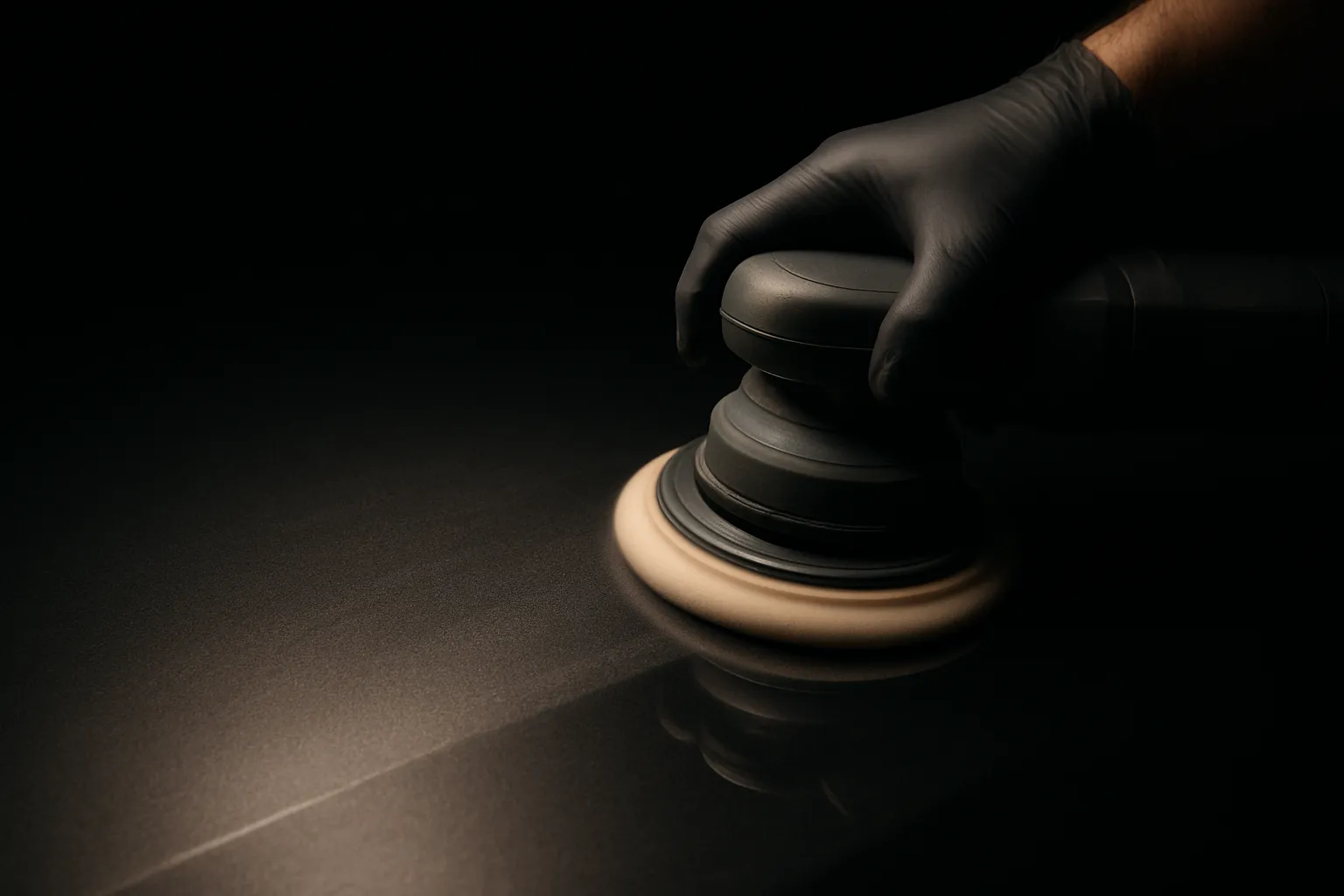 Paint correction — machine polisher working on dark car paint under studio lighting