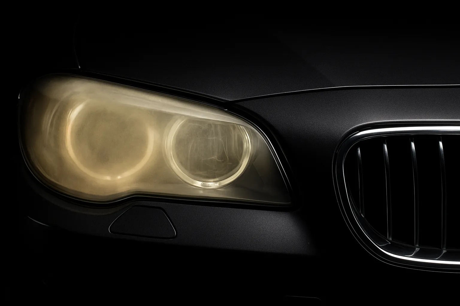 Headlight restoration — yellowed hazy lens beside clear restored headlight